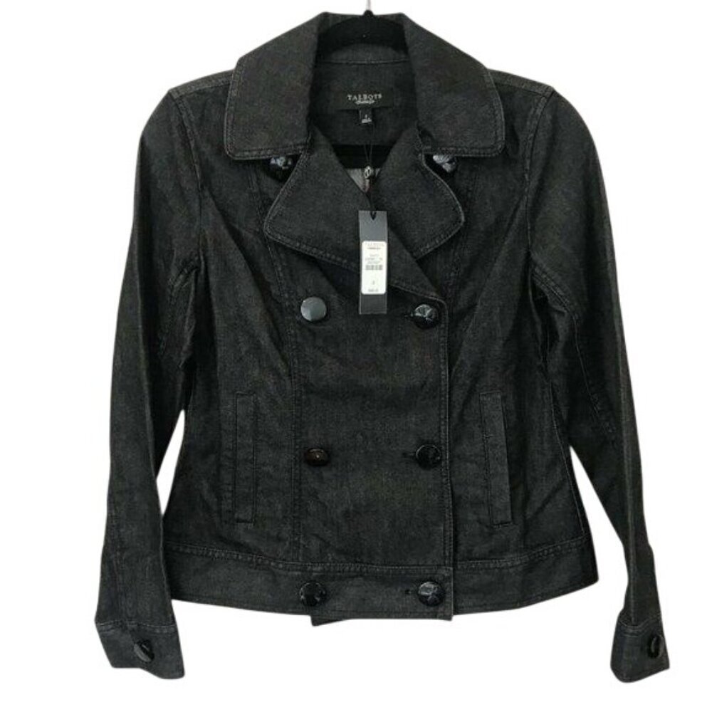 Talbots Womens Black Denim Double-Breasted Jacket Trench Notch Collar Size 2